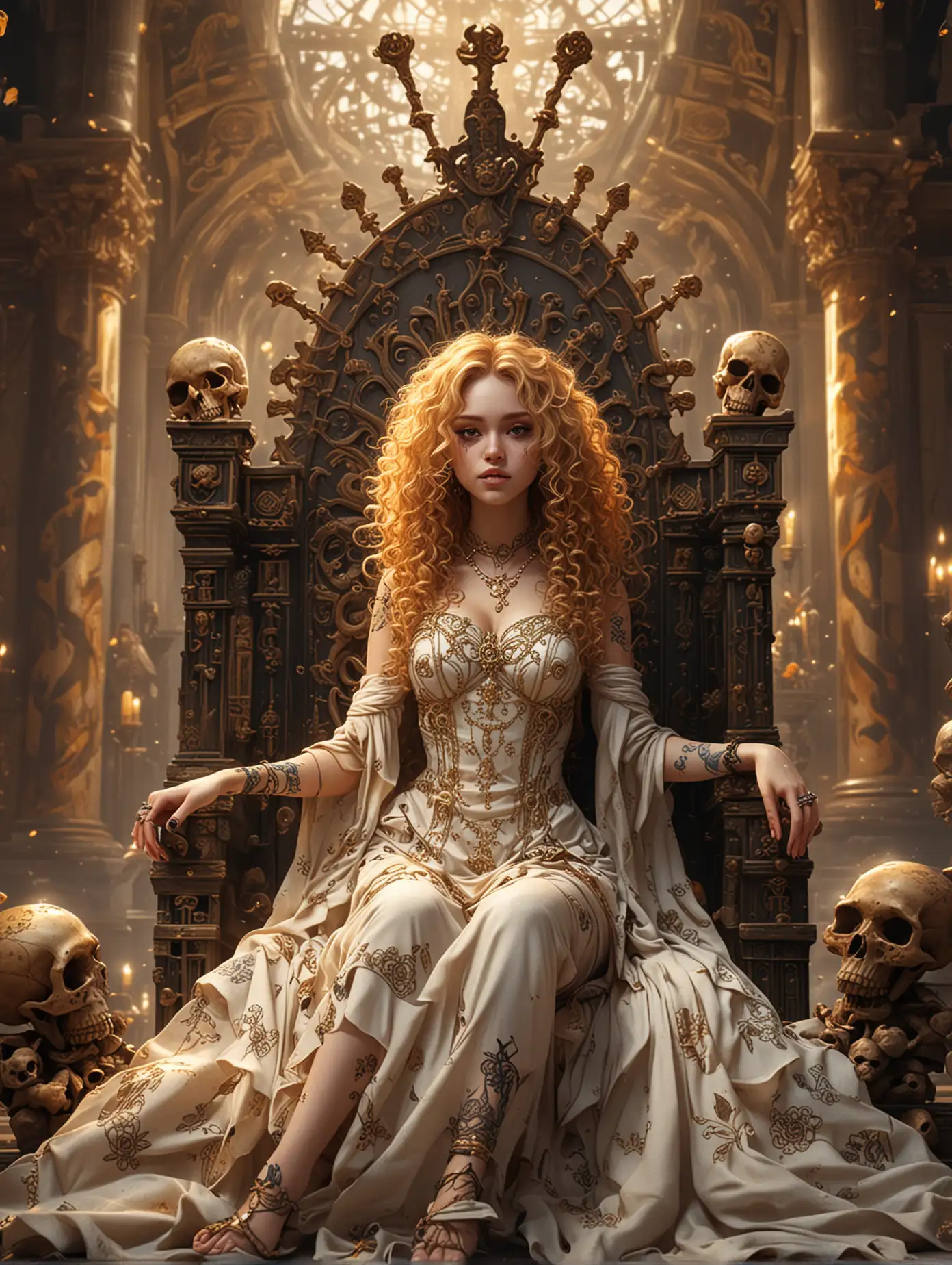 Whimsical, semi anime, create an image of a beauty cute girl, curly golden hair, adorned skin with tattoos, she was sitting in throne with skulls ornate, she has eight arms with each matching poses, she was wearing torn long dress. Temple's hall background with amazing bright light. Fantasy theme, colorful organic shape, hyper-detailed, ultra HD.