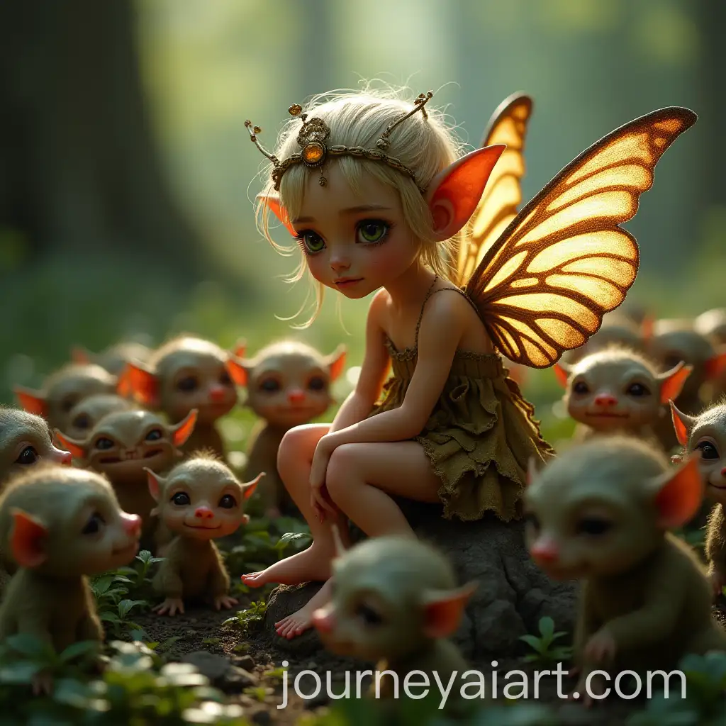 Tiny-Pixie-Fairy-Sitting-on-Goblins-Lap-Surrounded-by-Goblins
