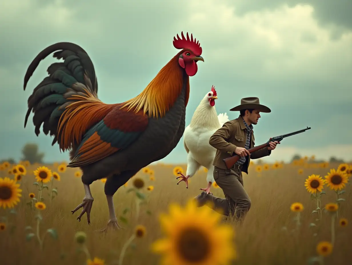 A giant brown cock and a giant white hen with short guns, chasing a cowboy, white color egg in his hand, he is running with fear, a stormy clouded  weather, a sunflower forest, cinematic view