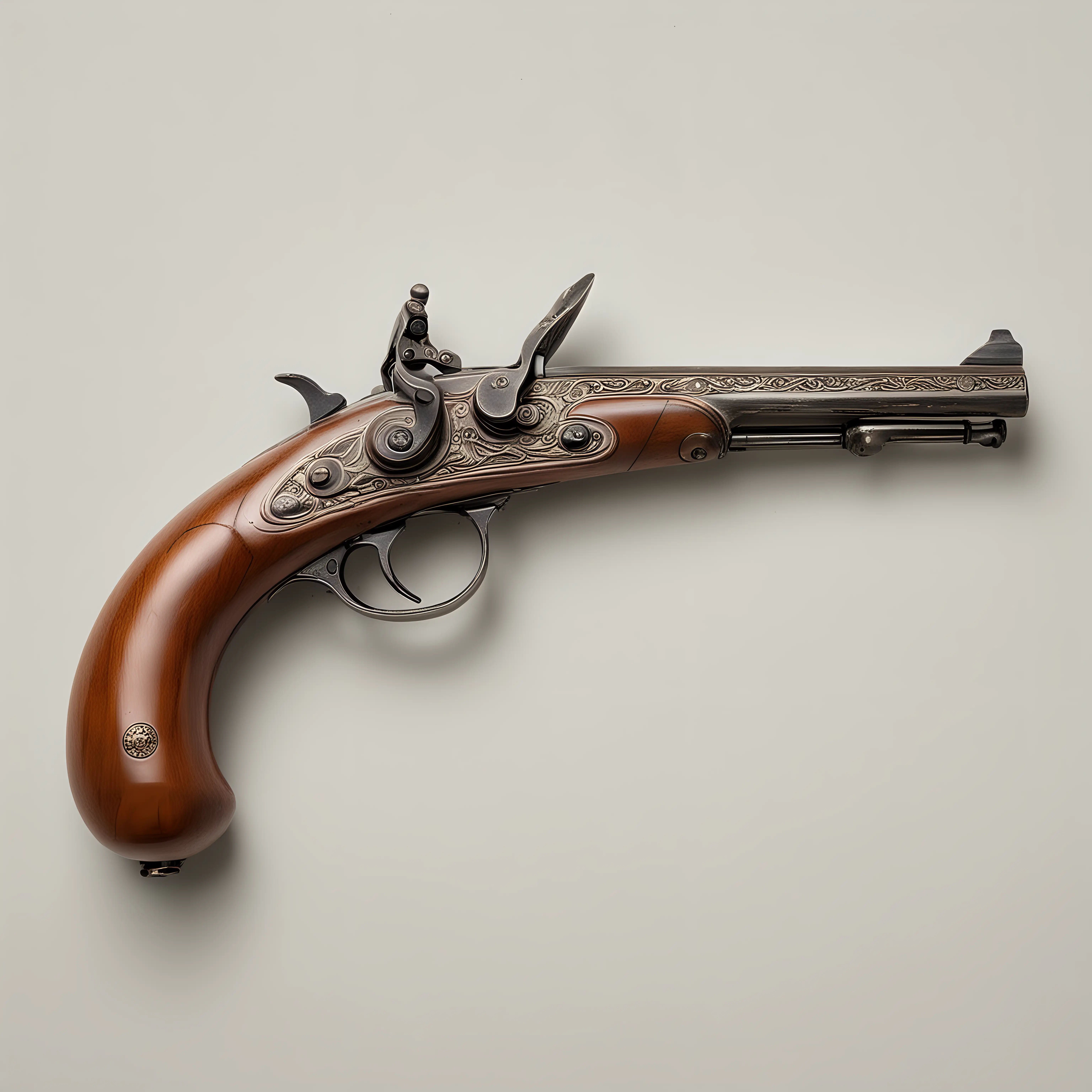 View strictly from above: a flintlock muzzle-loading pistol from the 19th century. White background.