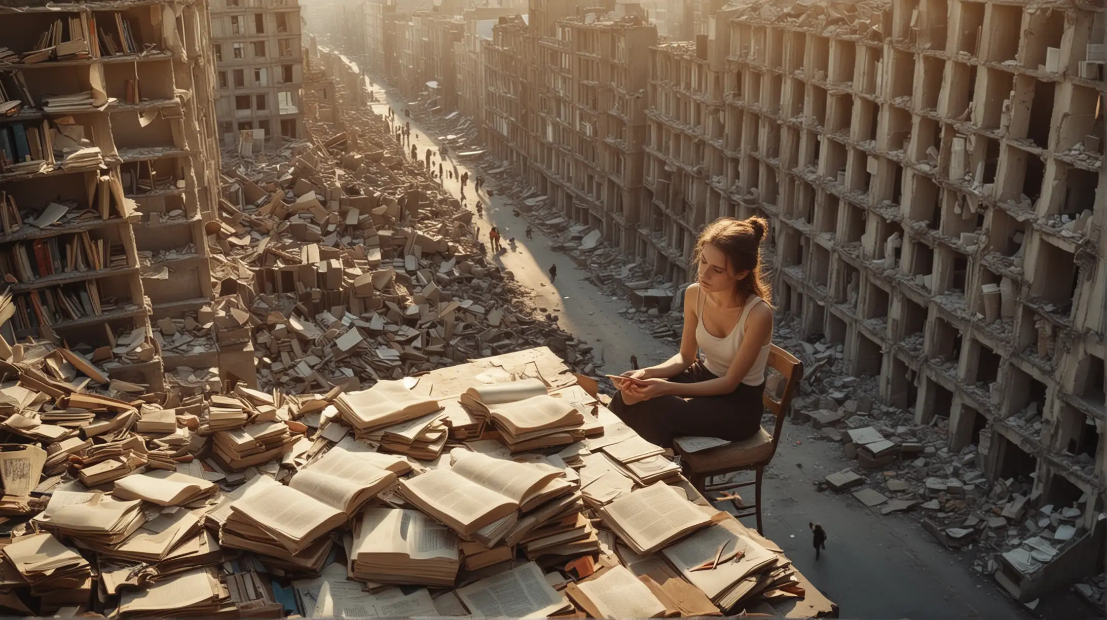 Young Woman Reading Amidst Urban Ruins