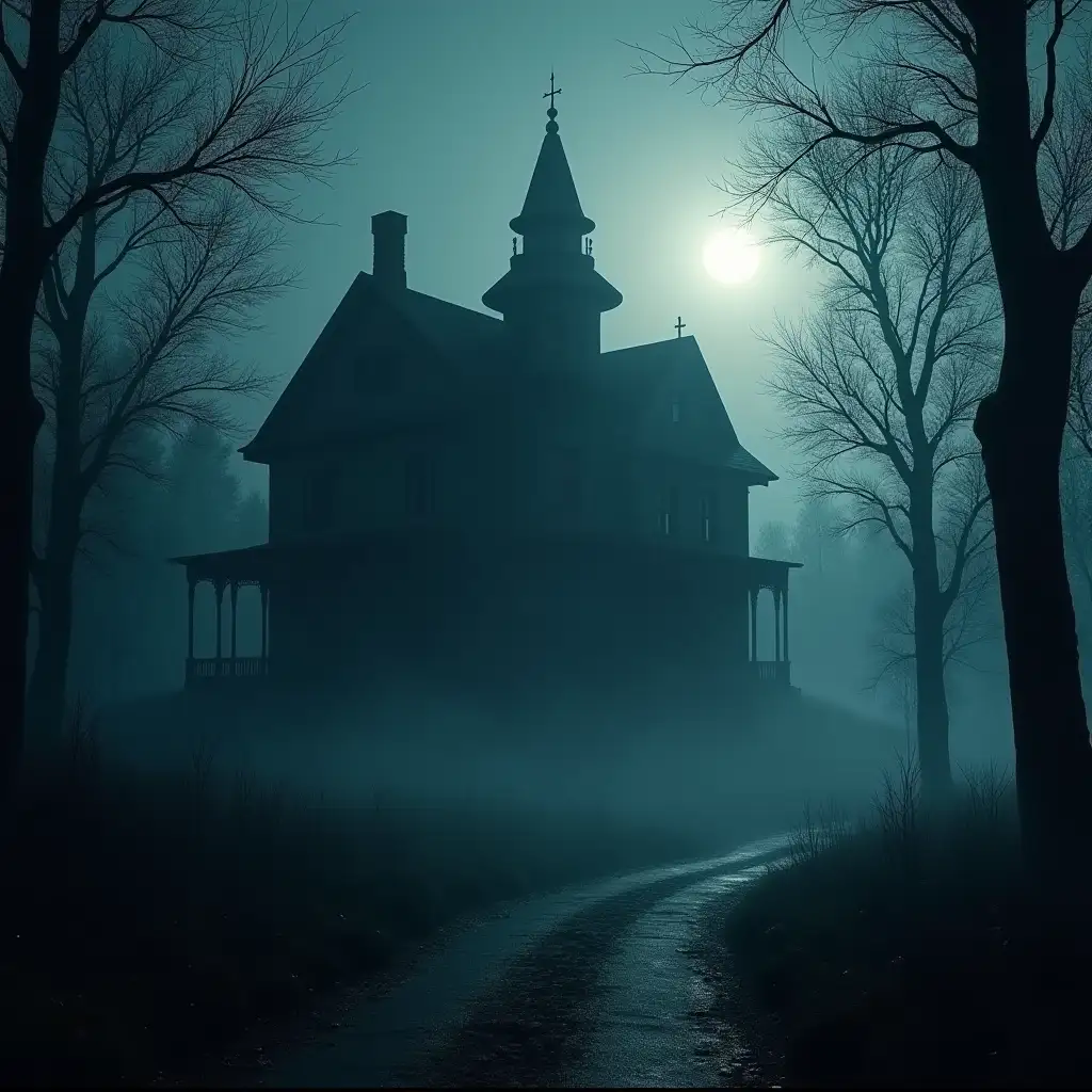 A deserted Victorian mansion shrouded in mist, moonlight filtering through broken windows. The mood should be eerie and suspenseful