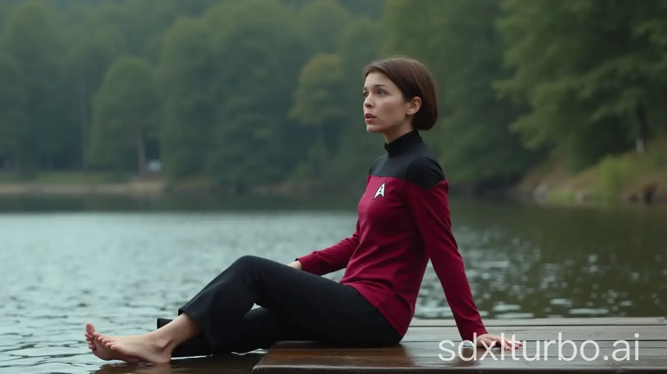 Lt. Alara Kitan from star trek. She has free ears, short sleek brown hair. In star trek uniform with long pants. Barefoot sitting on a wet dock by the lake. Her skin is fair. She looks surprised.