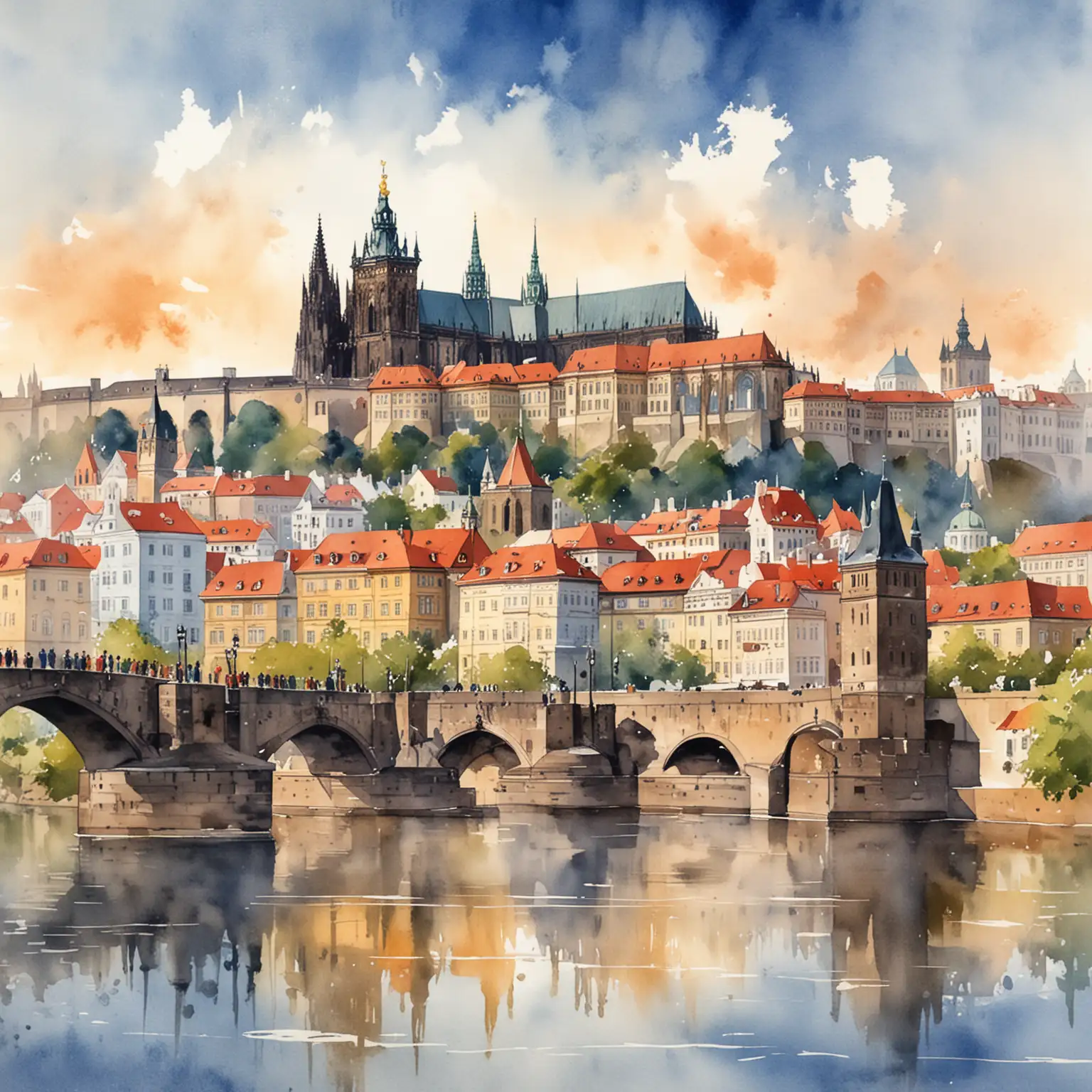 Watercolor Illustration of Prague Castle and Charles Bridge in Czech Republic