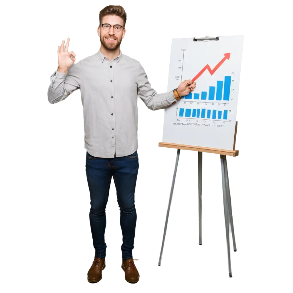 a bearded web designer smiles standing next to a flip chart with a growth graph