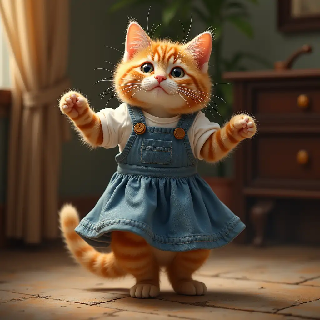 cat wearing a pinafore dress dancing