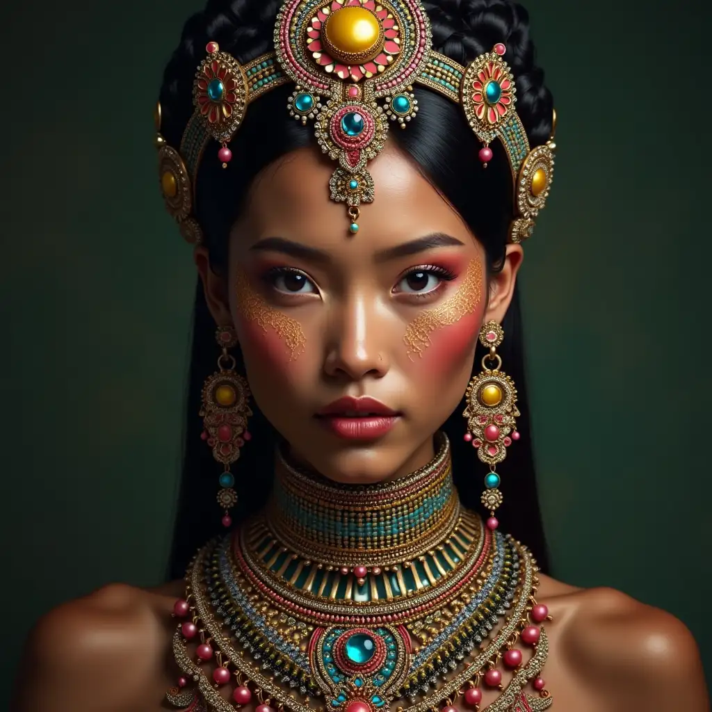 A hyperrealistic portrait of a beautiful Akha woman, wearing elaborately detailed, colorful and futuristic jewelry.