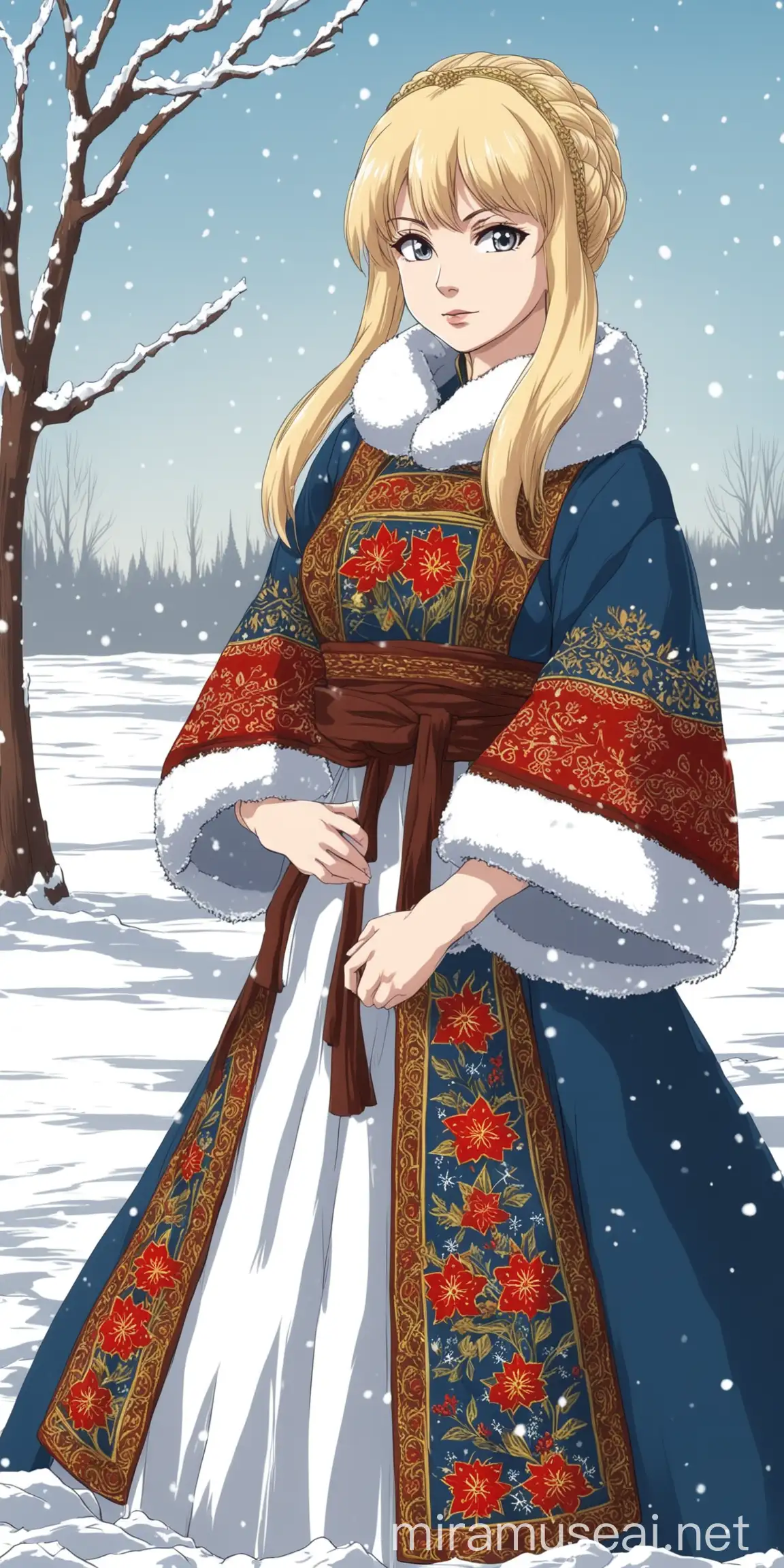 Detailed Anime Style Portrait of a Woman in Russian Traditional Winter Attire