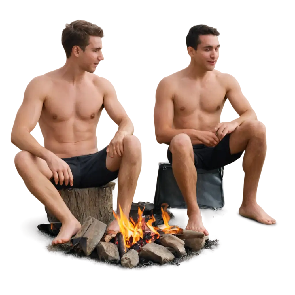 PNG-Image-of-Two-Shirtless-Guys-Sitting-by-a-Campfire-Realistic-and-Atmospheric-Artwork