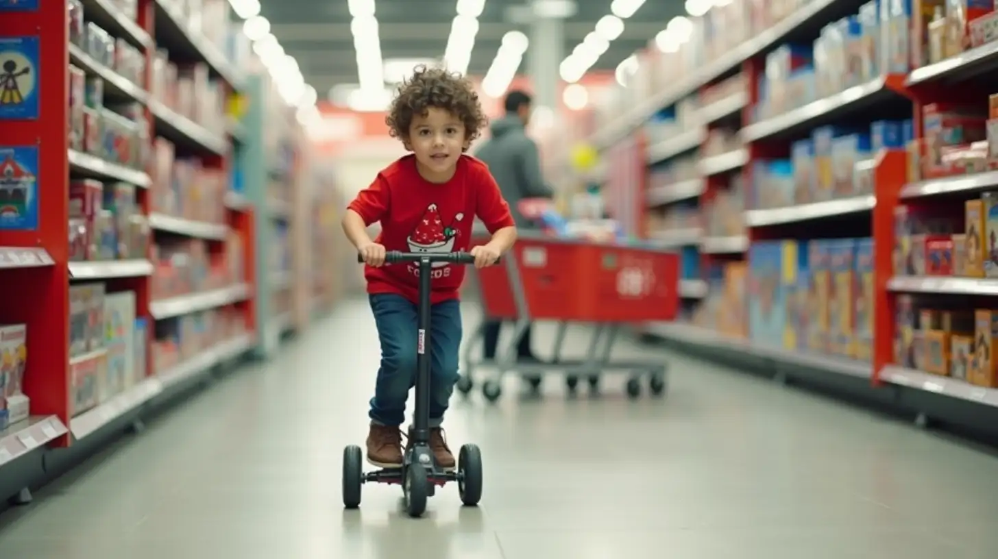 Latin Boy Riding Scooter in a Busy Toy Store During Christmas