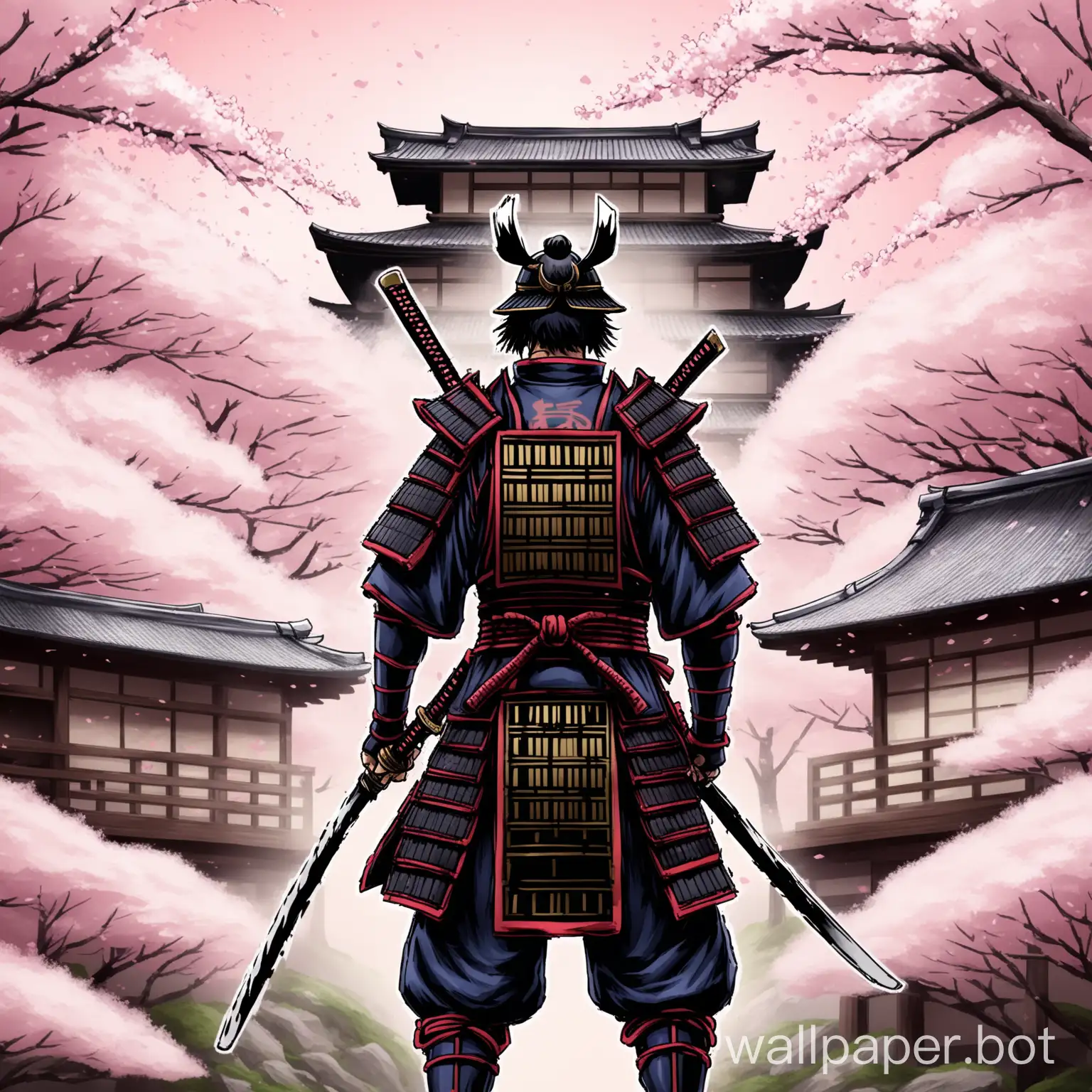 a samurai warrior with the baground of cherry blossom forest and a Japanese house and add text "Puravv" in th bagroung and the opacity should also be decreasing