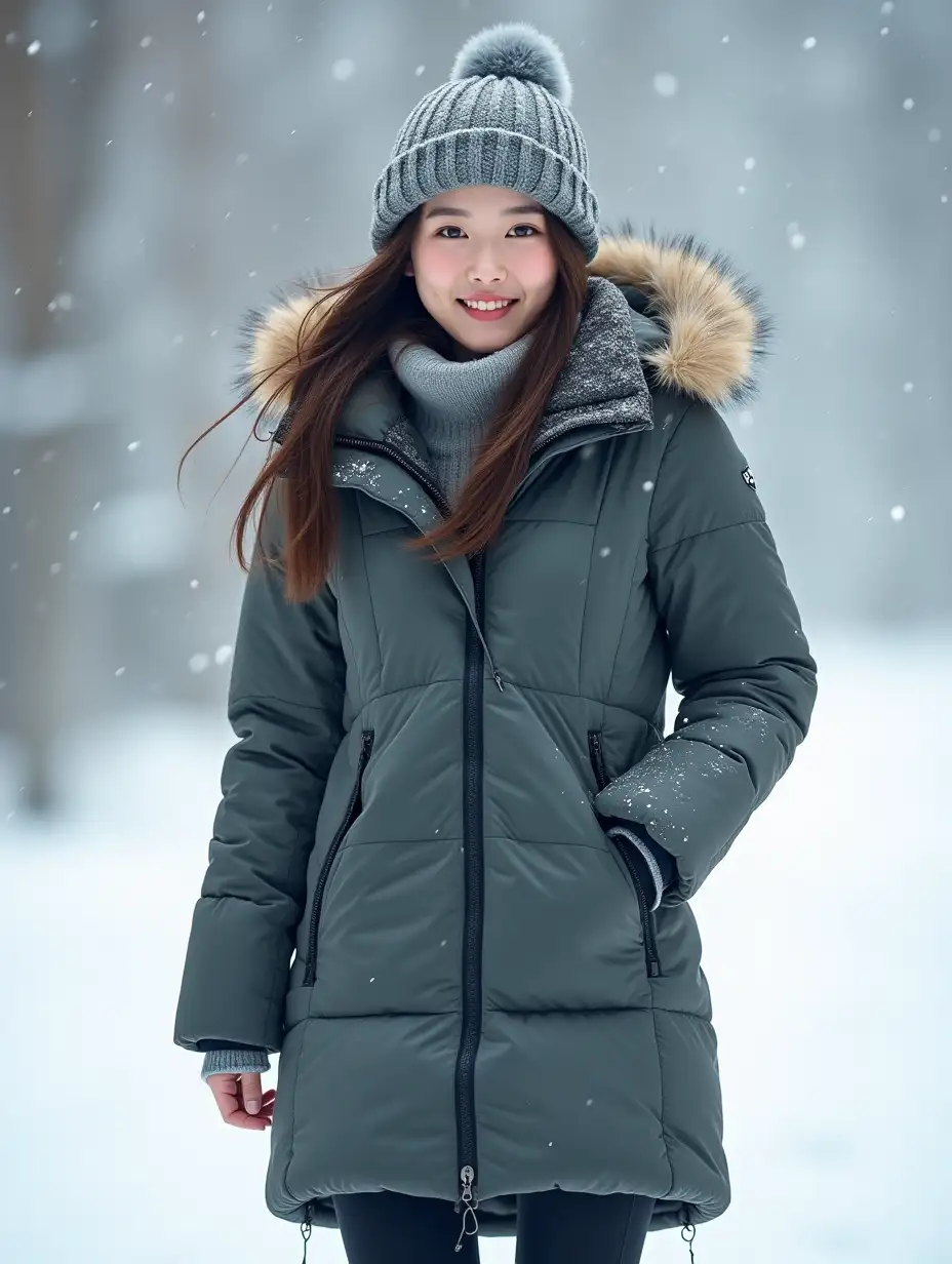 Happy-Chinese-Woman-in-Mysterious-Down-Jacket-in-Heavy-Snowfall