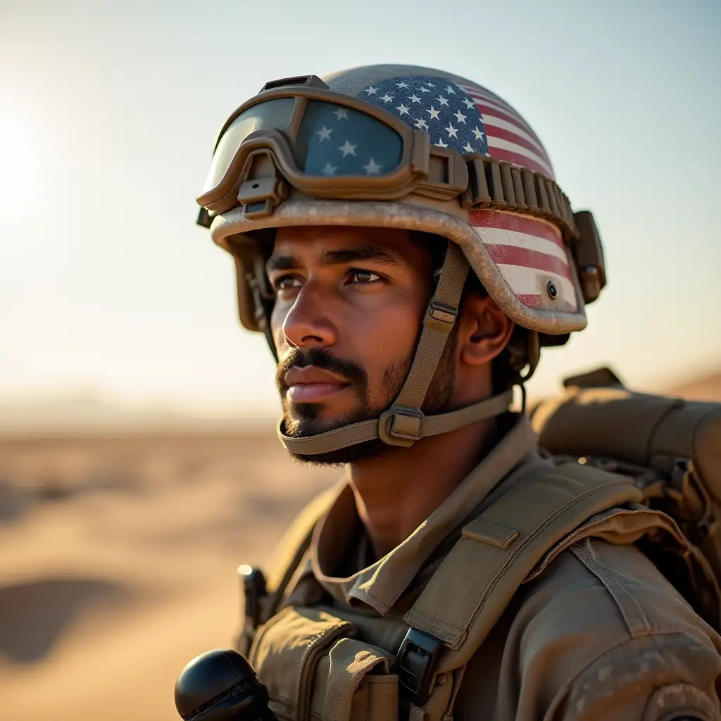 American-FlagCamouflaged-Soldier-in-Sunny-Desert-Landscape