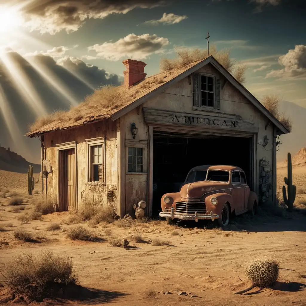 Vintage American Garage in Desert Scene