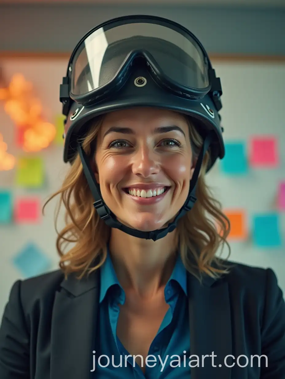 Businesswoman-in-Special-Forces-Helmet-Amid-Office-Chaos