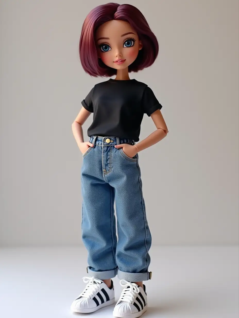 create a doll with short burgundy hair, in a tight black t-shirt and blue baggy jeans and adidas sneakers (superstars), the doll should be in packaging, and there should also be, a cap, a puffer jacket and a bag