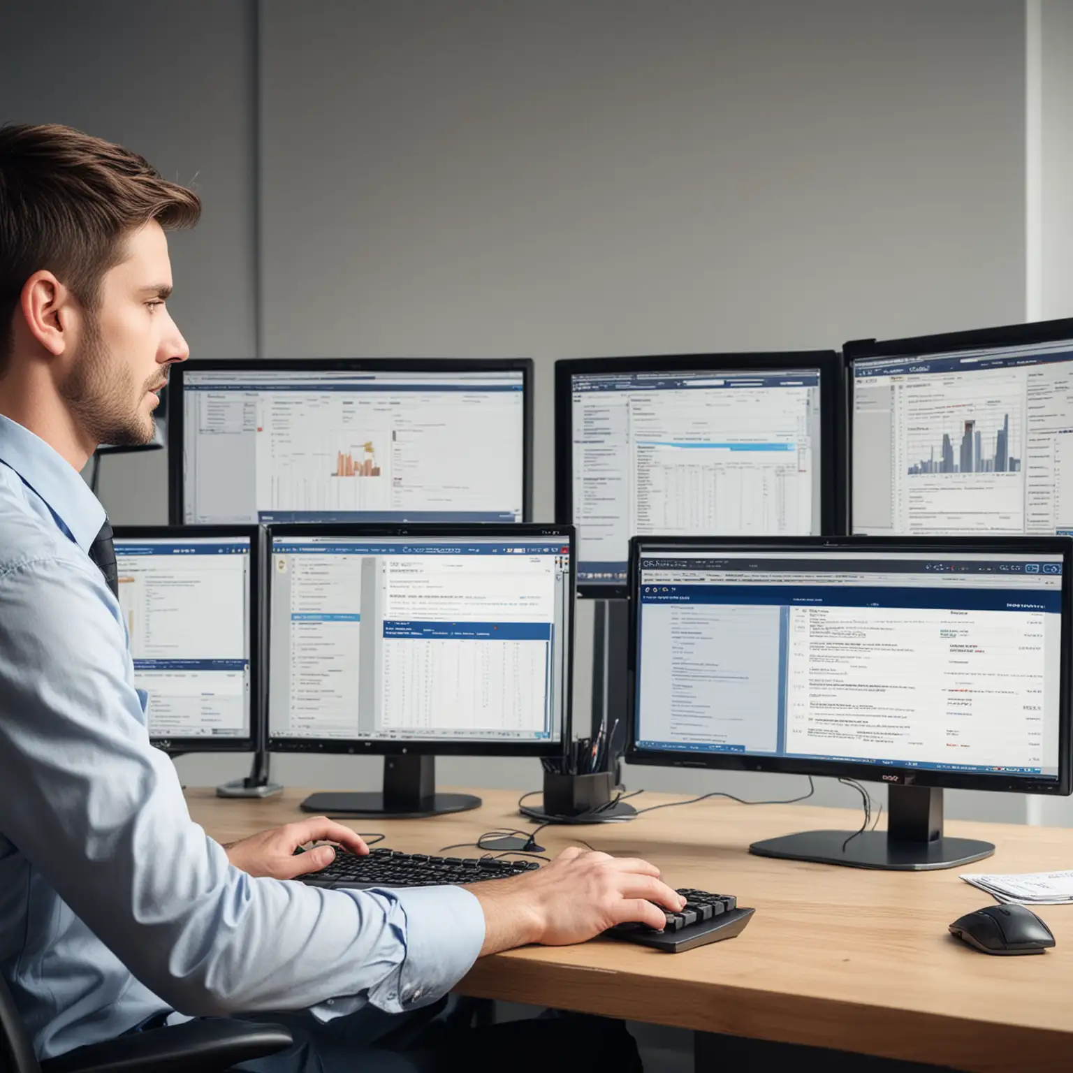 a professional person working on a computer with three screens showing a page of a reverse electronic auction website. They are in a modern office