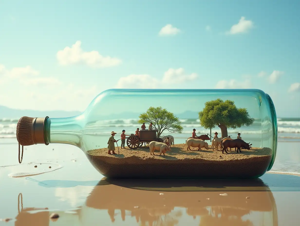 In a beautiful beach there is a large glass bottle, inside is a small village, with very many tiny people, with fruit plantation, carriage, horses, pigs, quite big-real photo, triple exposure, basic idea of something beautiful photo