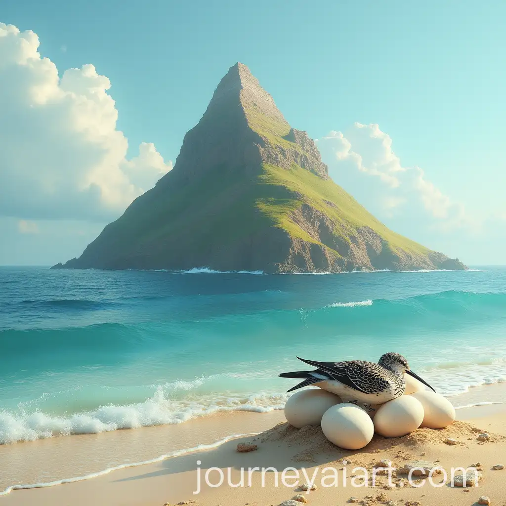 Pyramidshaped-Mountain-Rising-from-the-Sea-with-Bird-Sleeping-on-Eggs