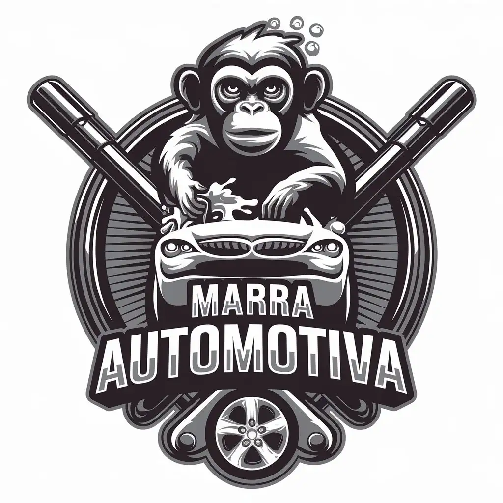 Logo-Design-for-Marra-Automotiva-Playful-Monkey-Washing-Car-in-Vector-Art