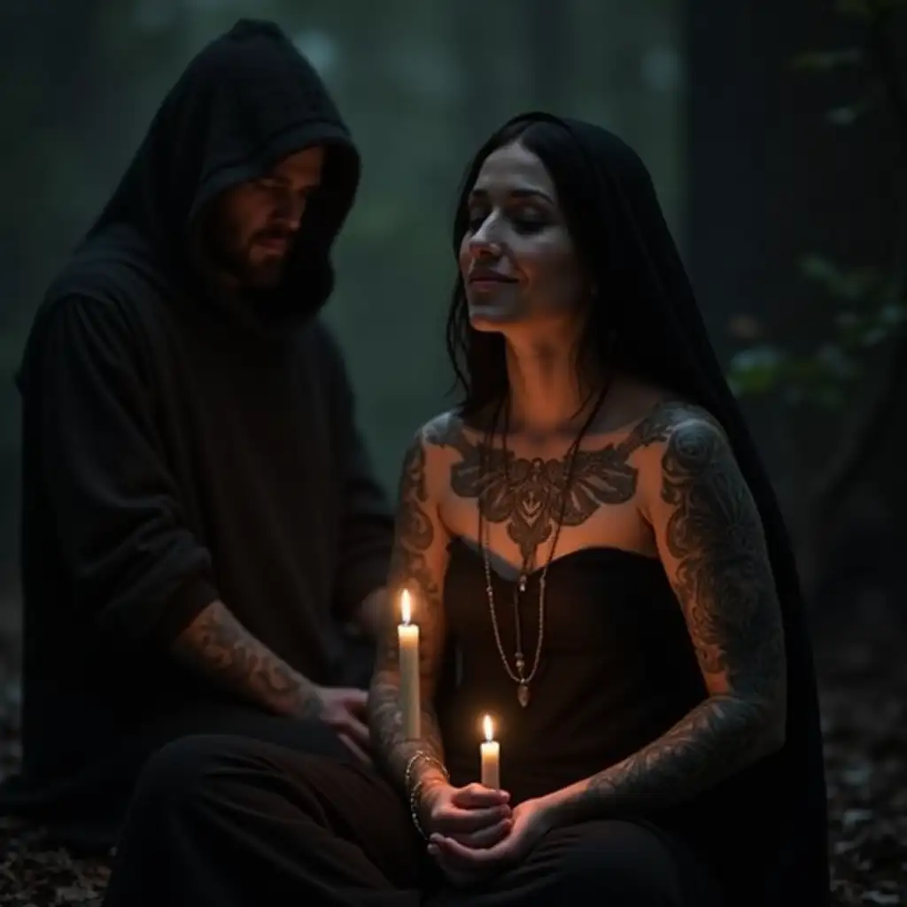 Create an image of a female tattooed Druid  waiting blissfully in meditation. holding a candle close in her hands. A hooded tattooed Druid stands in the background. It is a dark mysterious ceremonial setting.