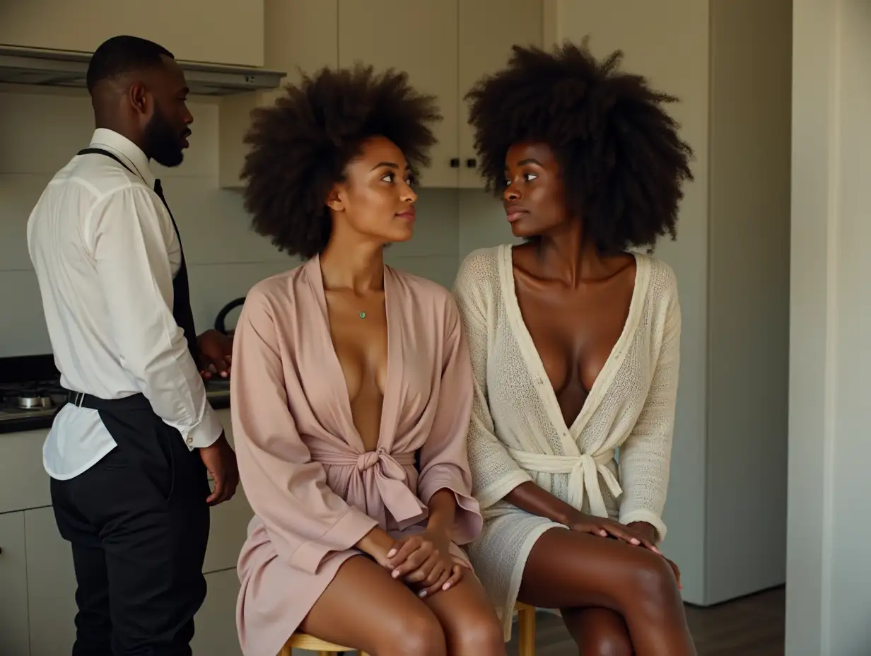 Two young black female students, seventeen year old flirts, sitting on a kitchen stool. Sweaty in an open, décolleté robe, admiring the butler who is cooking preparing breakfast. Morning.