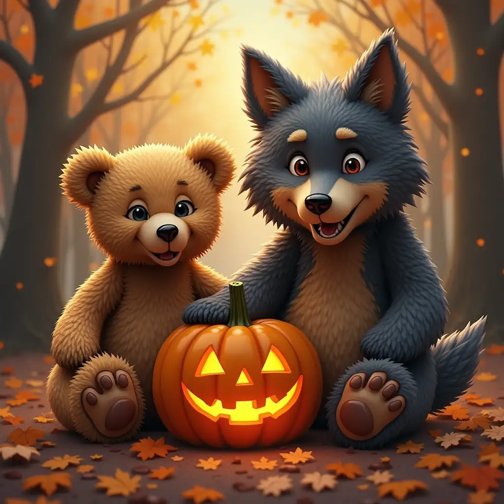 Teddy bear wolf and pumpkin