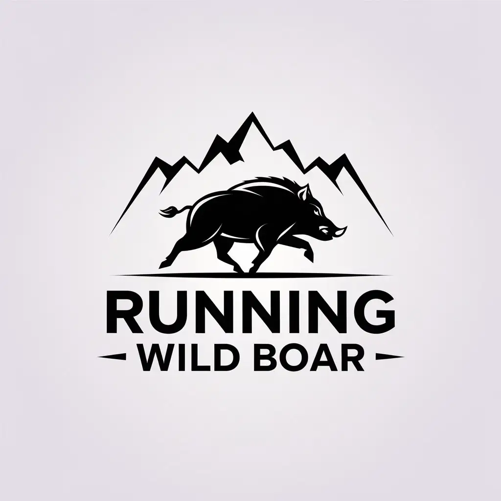 a vector logo design,with the text "running wild boar", main symbol:Background is mountain, there is a running wild boar in front,Minimalistic,be used in Sports Fitness industry,clear background