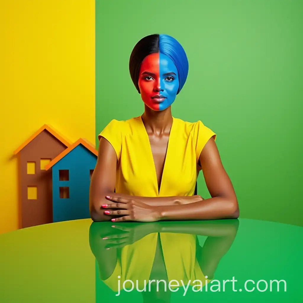 Vibrant-Woman-Sitting-at-a-Green-Table-Surrounded-by-Colorful-Houses