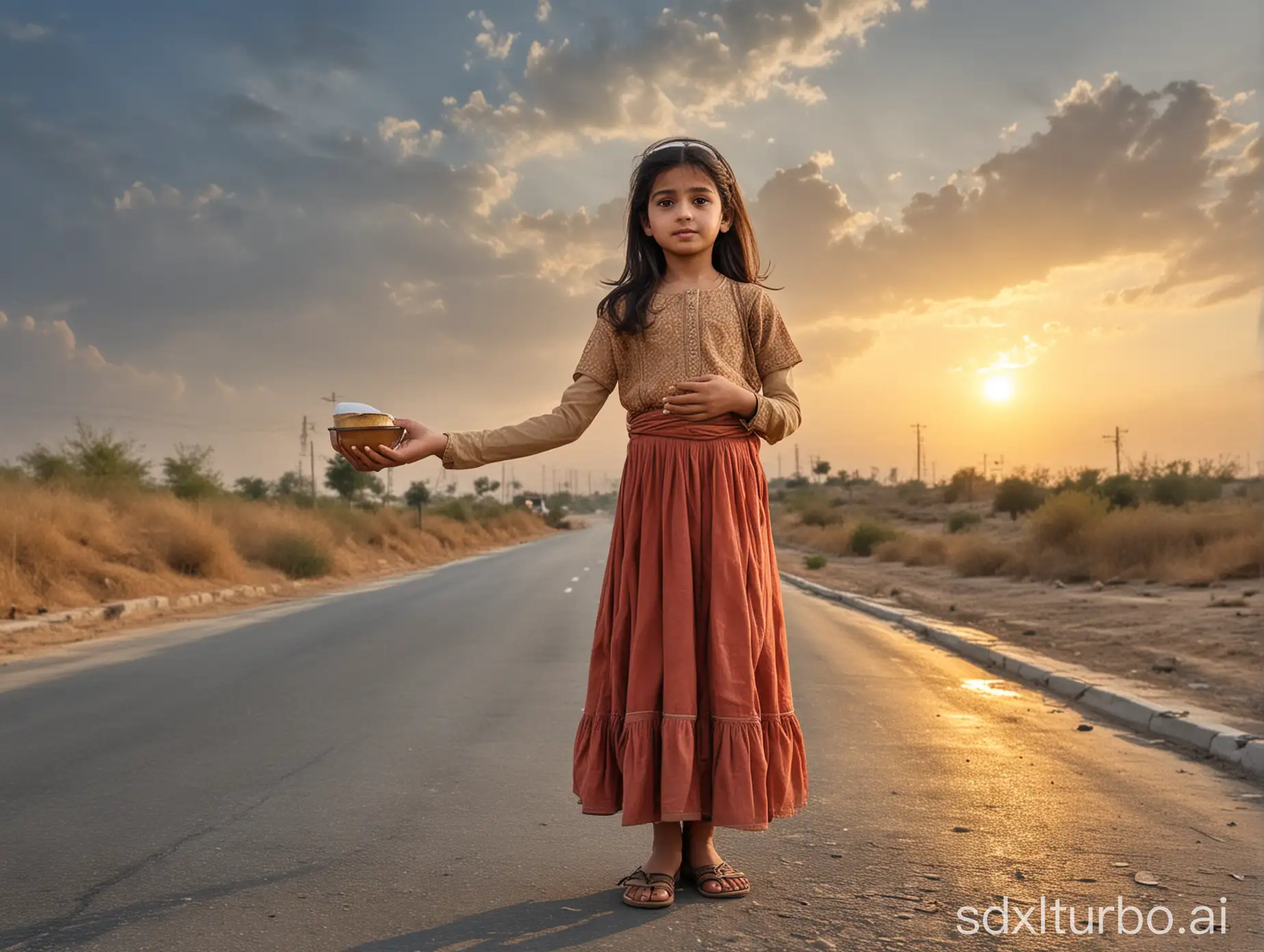 Young-Pakistani-Girl-Begging-on-Street-under-Afternoon-Sky