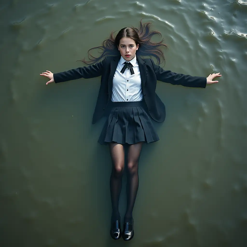 Young schoolgirl in a school uniform, skirt, jacket, blouse, dark tights, high-heeled pumps. She is swimming in a dirty pond, lying underwater, fully wet clothes sticking to her body, completely submerged in water, under the water surface, beneath the water line.