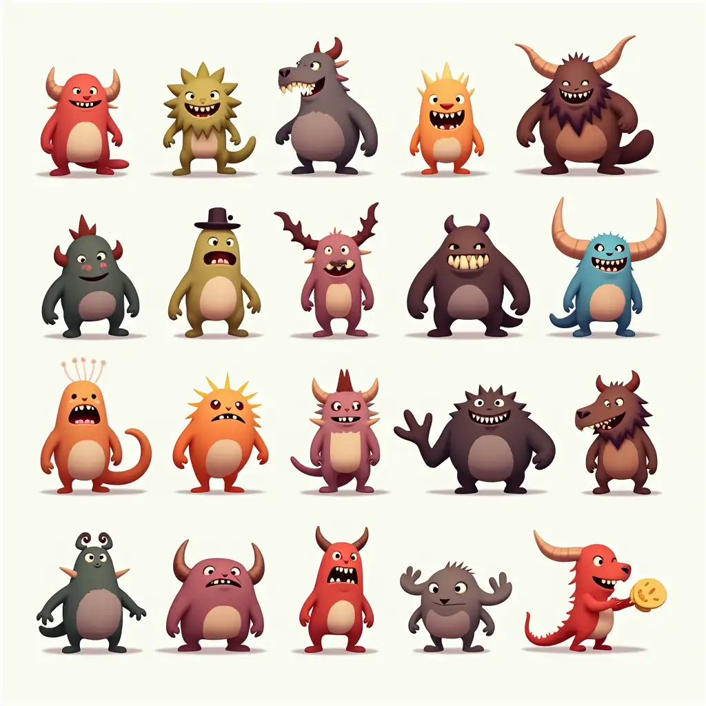 20 monster characters suitable for top-down design, simplified, small size