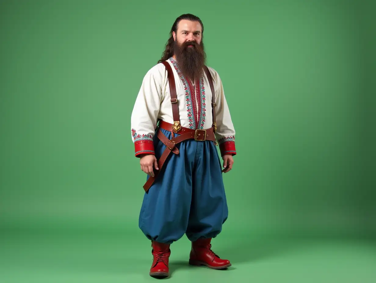 A Ukrainian cossack with long mustache and a dwarf-like pike fish, without a beard. In a white embroidered shirt and wide blue trousers. With red boots on. On a green background.