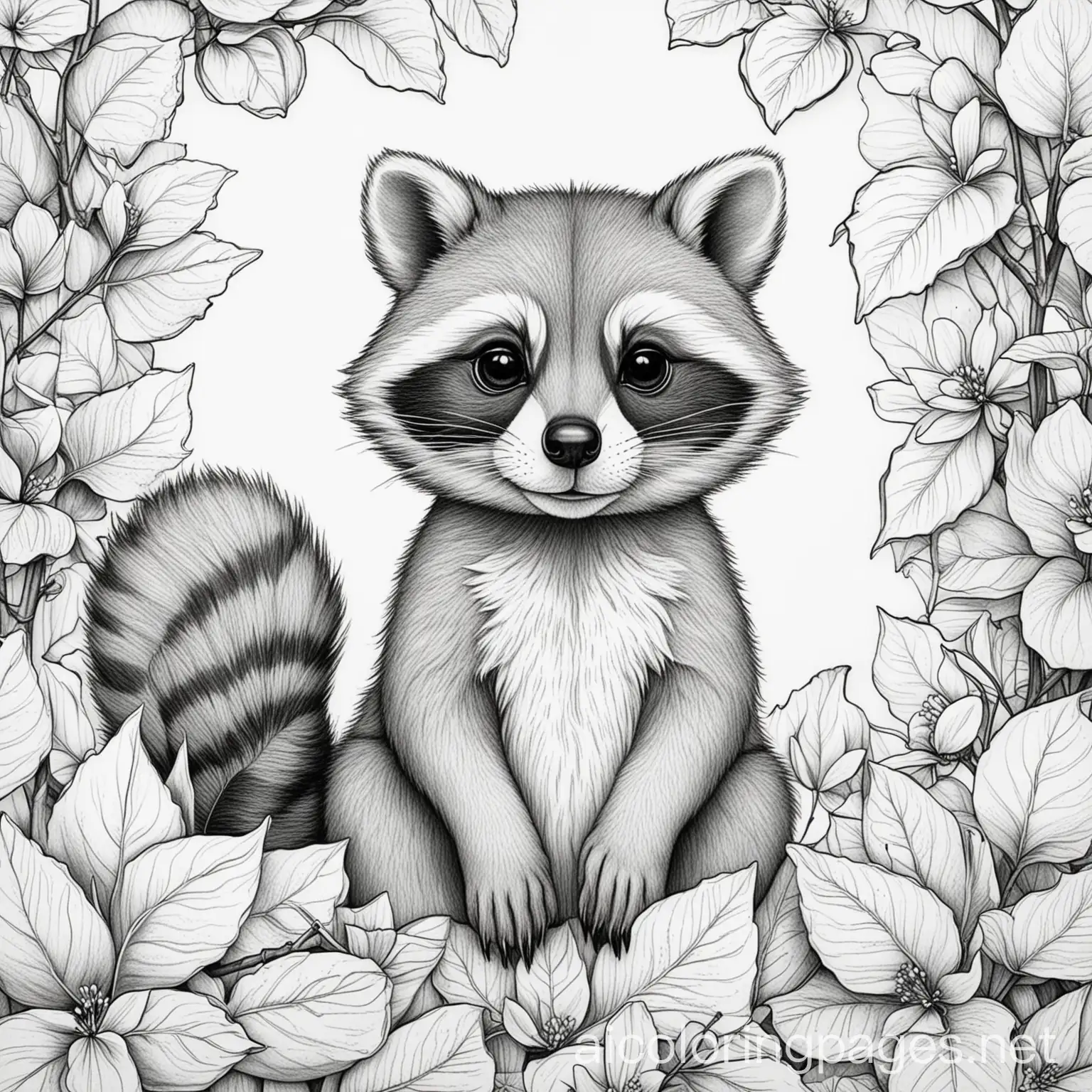 racoon surrounded by dogwood leaves, Coloring Page, black and white, line art, white background, Simplicity, Ample White Space. The background of the coloring page is plain white to make it easy for young children to color within the lines. The outlines of all the subjects are easy to distinguish, making it simple for kids to color without too much difficulty, Coloring Page, black and white, line art, white background, Simplicity, Ample White Space. The background of the coloring page is plain white to make it easy for young children to color within the lines. The outlines of all the subjects are easy to distinguish, making it simple for kids to color without too much difficulty