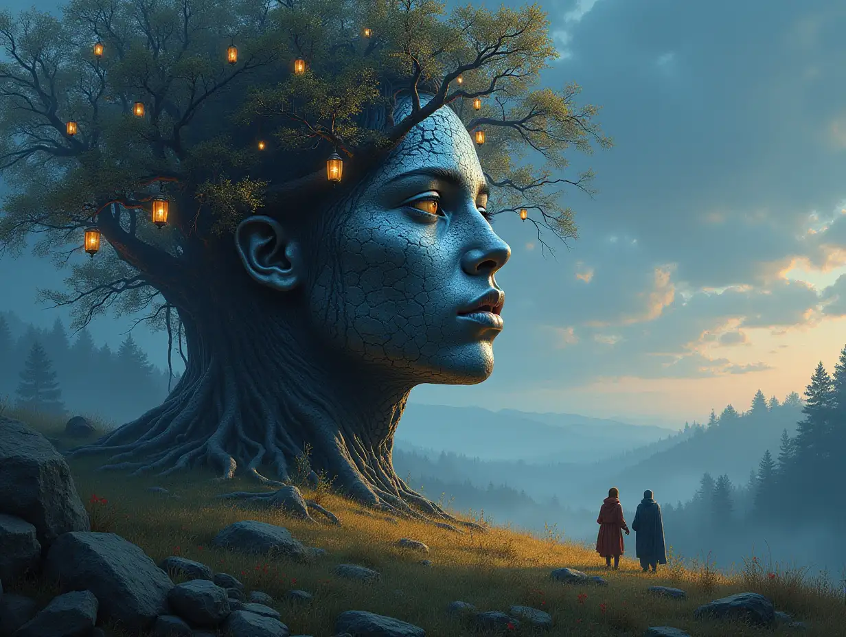 Creating a digital painting of a face with hair turning into a building with silver stones and illuminated trees with roots and lanterns and people on a meadow it sees at noon