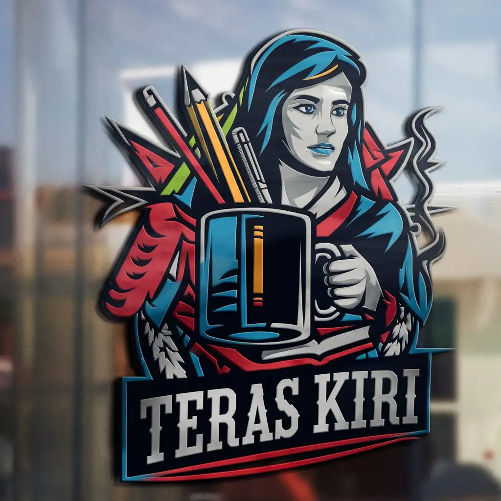 LOGO-Design-for-Tera-Kiri-Creative-Industry-Symbol-with-Woman-Mug-and-Writing-Tools