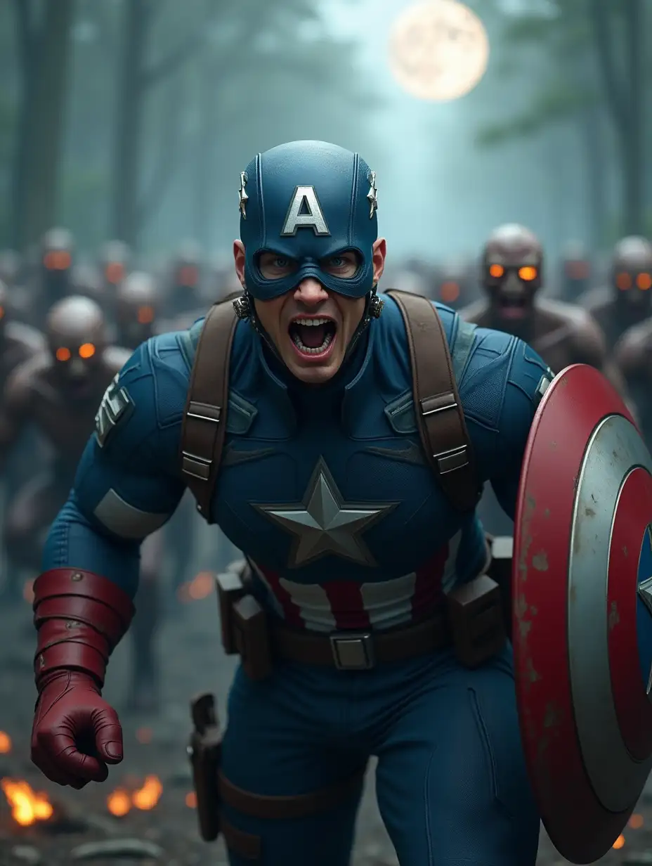 A highly detailed 3D-rendered scene of a legendary super soldier, inspired by Captain America, in a battle against a massive horde of terrifying zombies. He wears a blue tactical combat suit with a silver star emblem on his chest, a battle-worn mask with an 'A' symbol, and red gloves gripping his shield. His face shows intense emotion, shouting in rage as he reaches forward, preparing to fight. Behind him, an army of undead creatures with decayed flesh, glowing eyes, and twisted expressions chase him through a dark, foggy forest under a full moon. The cinematic lighting, dramatic shadows, embers floating in the air, and ultra-realistic textures create an immersive and intense action-packed scene in stunning 4K resolution.