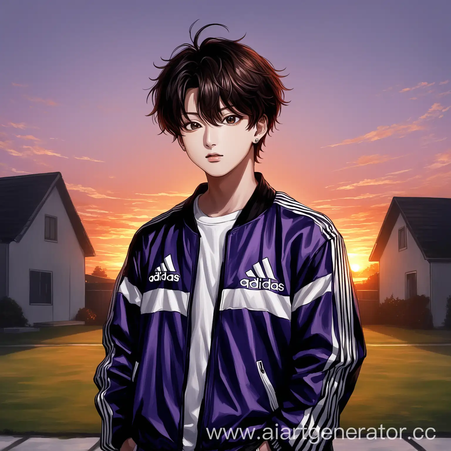 Jungkook-from-BTS-in-Vintage-Adidas-Jacket-Against-a-Sunset-Background