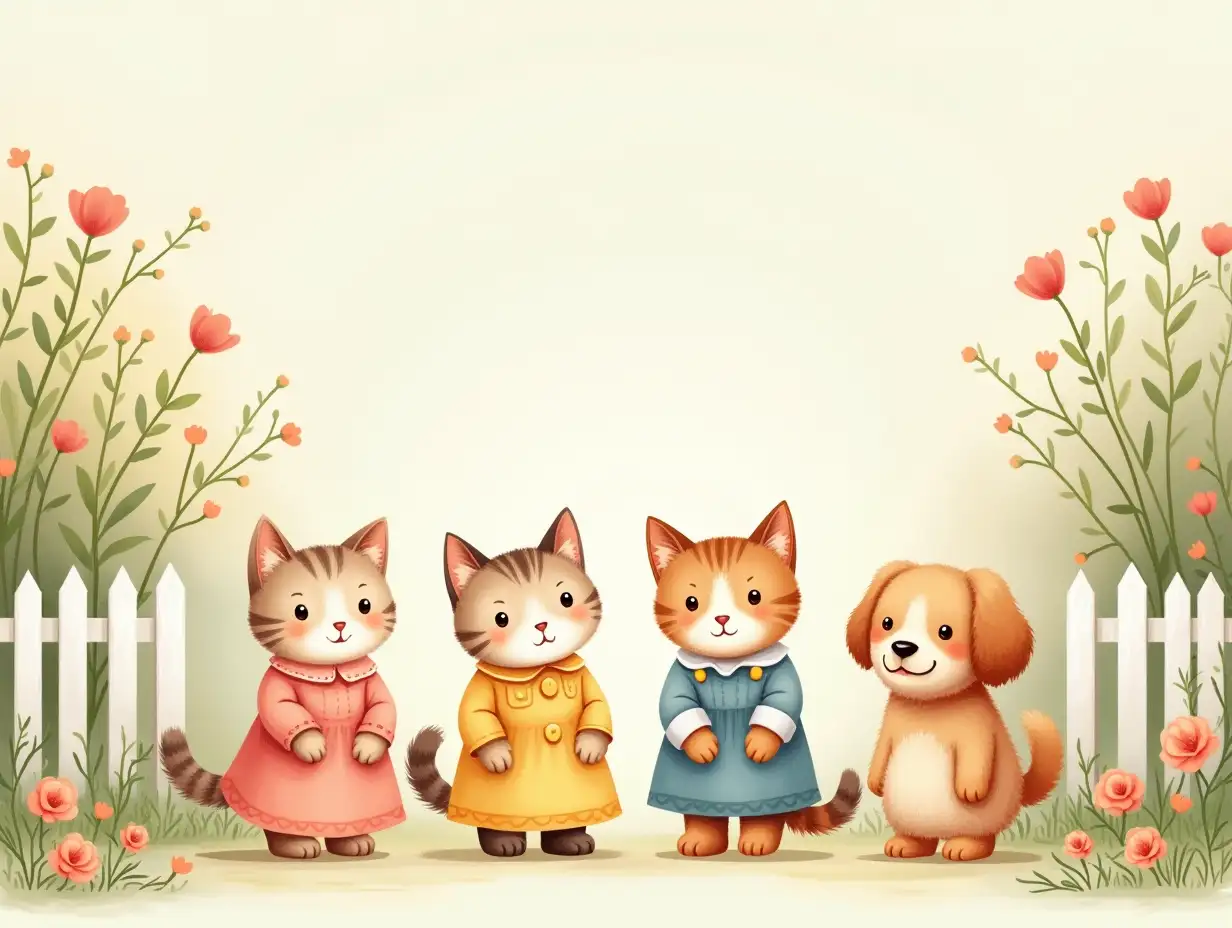 A whimsical and charming illustration in a soft pastel palette, inspired by storybook art, featuring two cats and 2 dogs standing in a cozy outdoor garden with flowers and trees. They are evenly spaced, not touching, and wearing vintage-style outfits. Each child has distinct features and expressions, with a warm and dreamy atmosphere. The background includes a white picket fence, blooming flowers, and soft lighting, creating a harmonious and serene scene. High-quality illustration with intricate details.