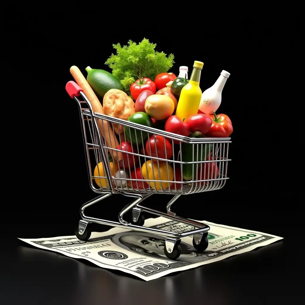 Hyperrealistic-Shopping-Cart-Overflowing-with-Groceries-on-a-100-Bill