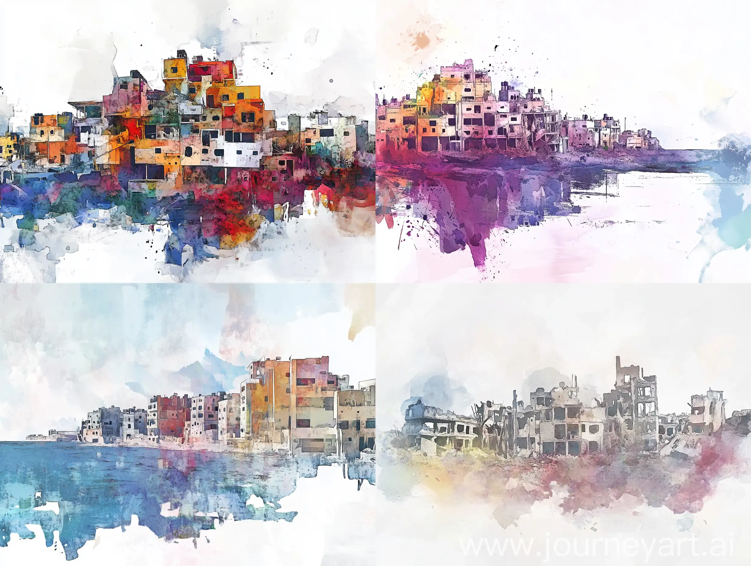 Watercolor-Depiction-of-a-Bombed-Gaza-City-by-the-White-Sea