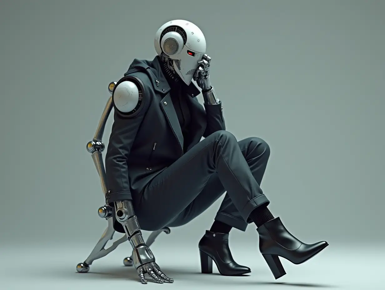 Create a high-resolution, realistic image of a robot, a stylish suit, and high heels posing in 4K resolution.