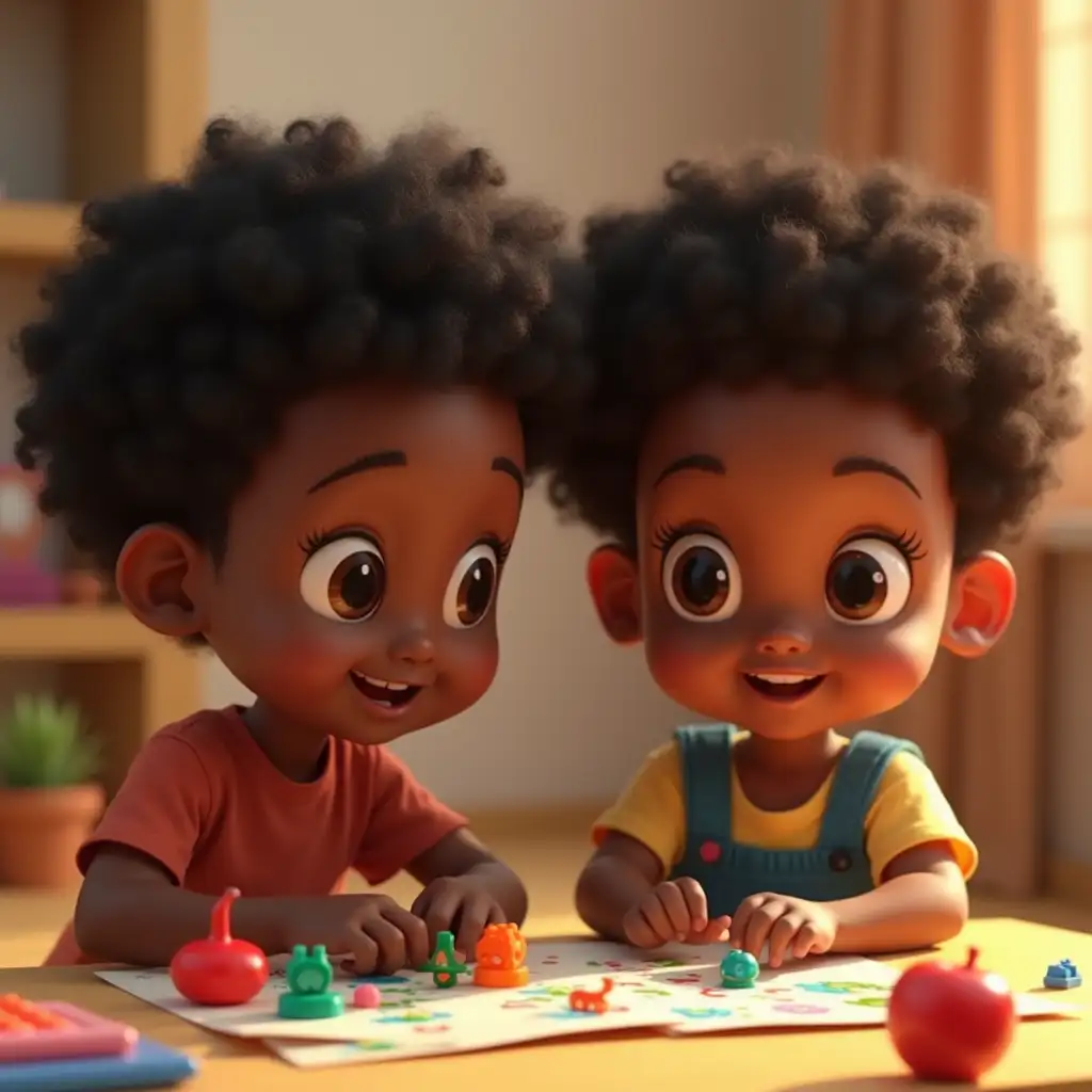 Playful Black Children with Curly Black Hair and Brown Eyes Exploring Math Manipulatives