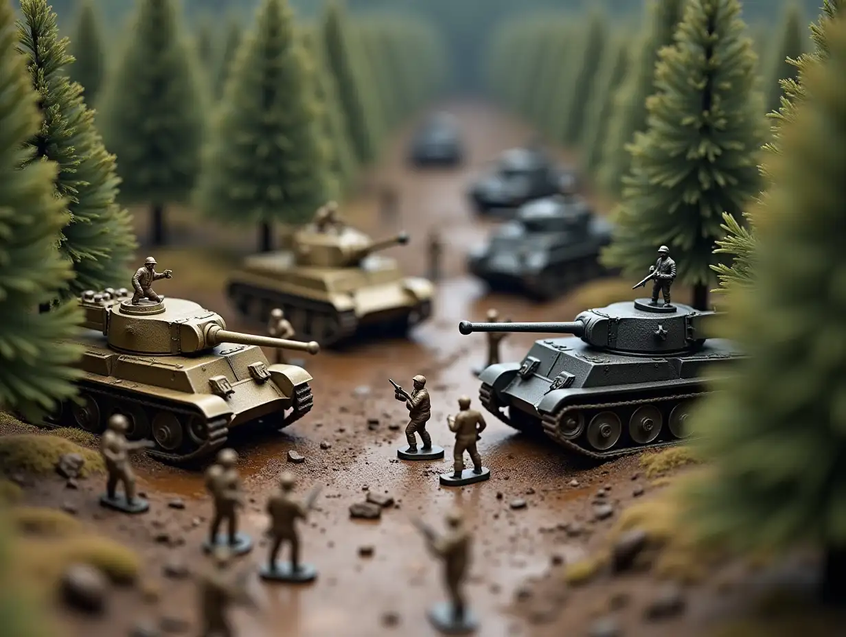 In a very wide diorama, two groups of tin soldiers, one in khaki and the other in black, are converging in the center of a muddy forest. The khaki soldiers are on the left side of the image, while the black soldiers are on the right. The tanks are positioned behind the tin soldiers. Isometric style. Hyperrealistic style, with great details.