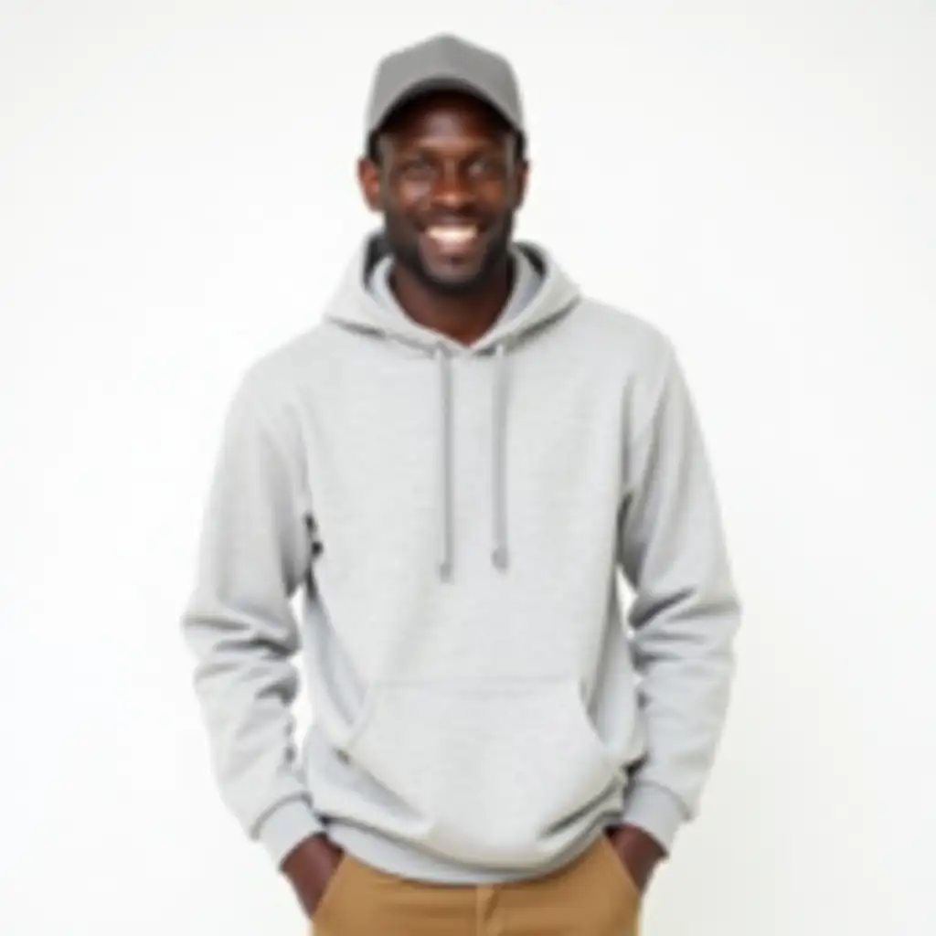 Smiling Black Man in Light Grey Hoodie and Ball Cap on White Background