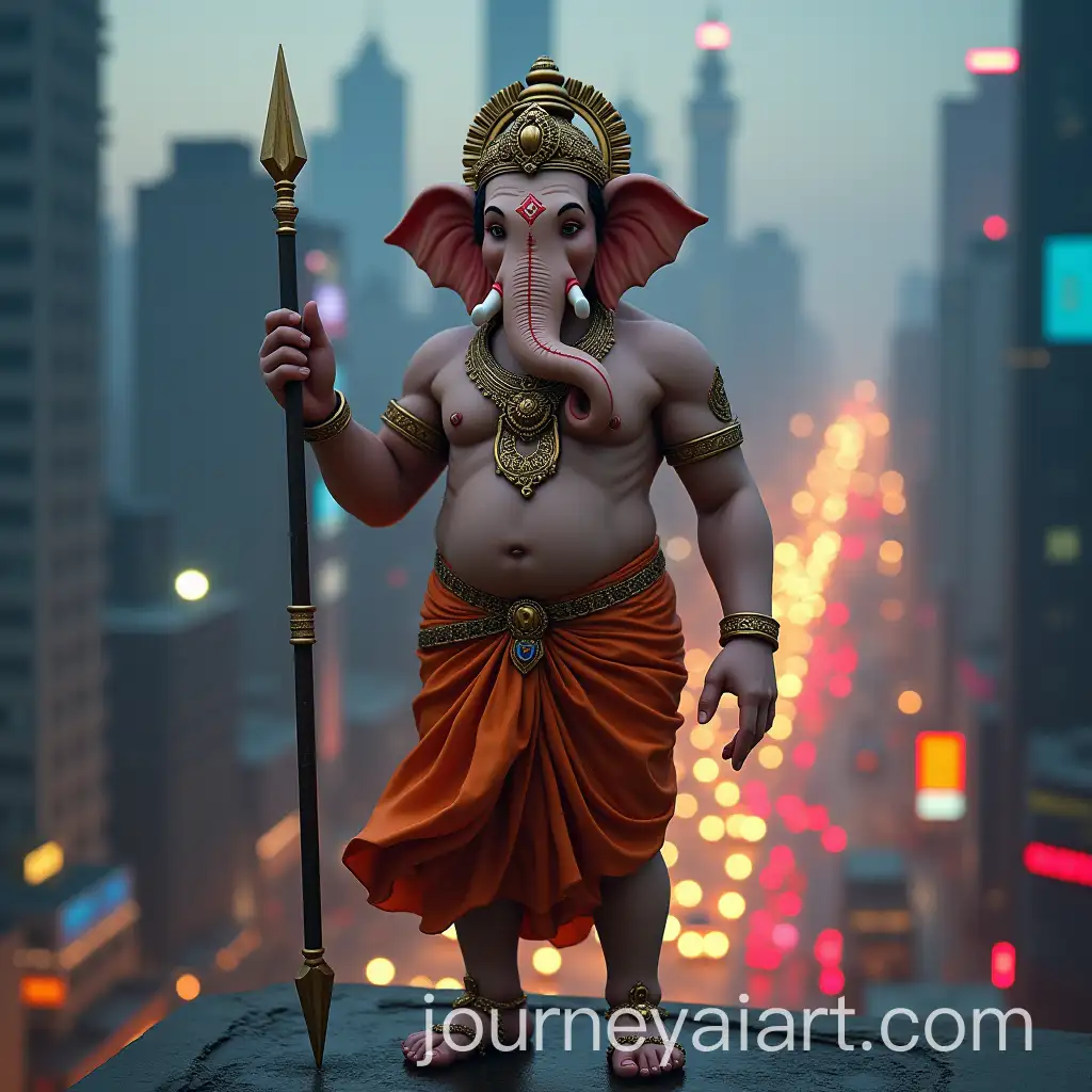 Lord-Ganesha-Standing-on-a-City-Rooftop-at-Dusk-withAI-Image-Prompt-Expansion-Neon-Lights-and-Traffic