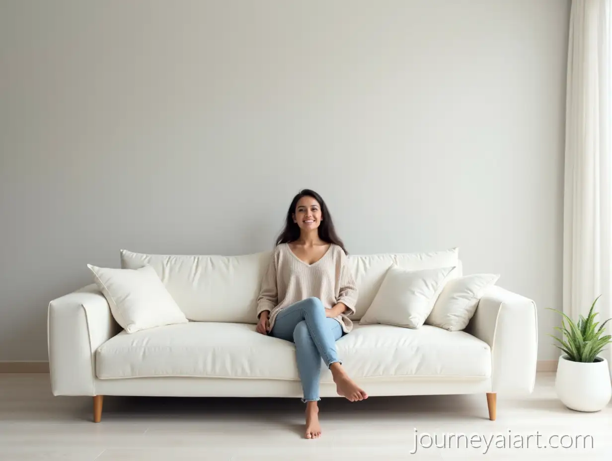 Modern-White-Sofa-with-Happy-Woman-in-Stylish-Living-Room