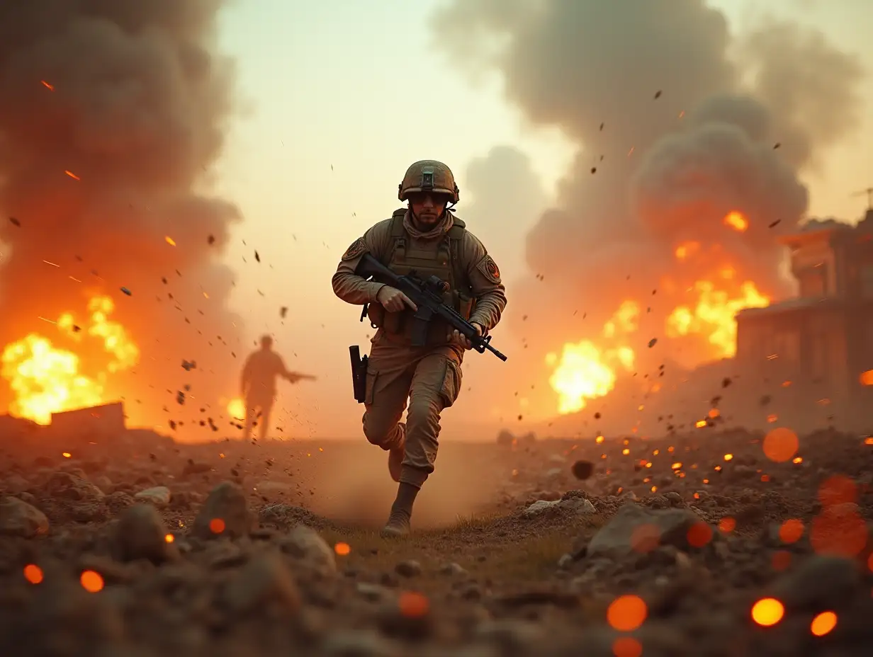 Hyper speed POV shot zooms across a chaotic battlefield, dodging explosions, shrapnel and gunfire as this soldier sprints in front of the camera, weaving through smoke, rubble and explosions, the environment blurring in rapid motion as chaos erupts all around him.