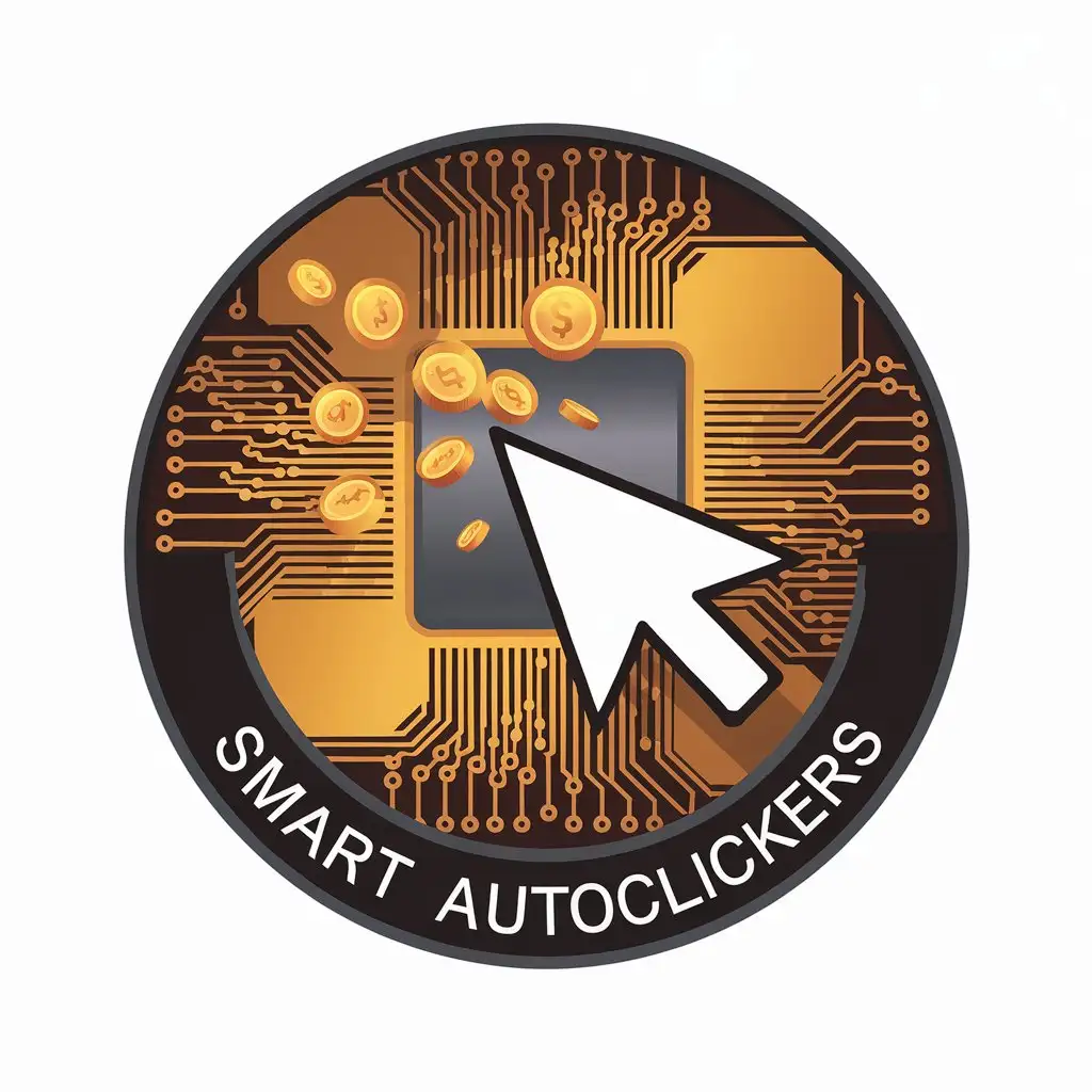 LOGO Design for Smart AutoClickers Golden Mouse Cursor Processor Microstructure and Flying Coins Theme