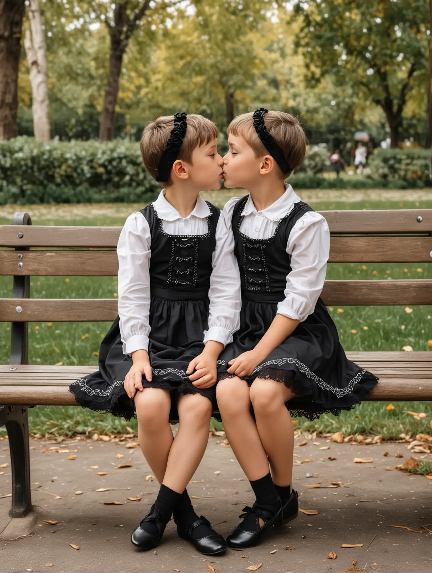 Two-Young-Boys-in-Black-Dirndl-Sitting-on-Park-Bench-Sharing-a-Kiss